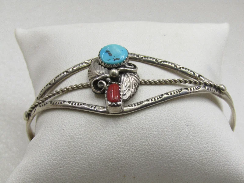 Bracelets For Christmas Gifts-Vintage Sterling Silver Navajo Turquoise Coral Cuff Bracelet, Richard Begay, 7"