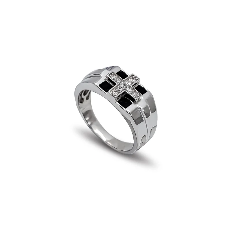 Custom Rings For Bridesmaids Gifts-Zirconia Black Enamel Cross Checkered Men's Ring (Silver)