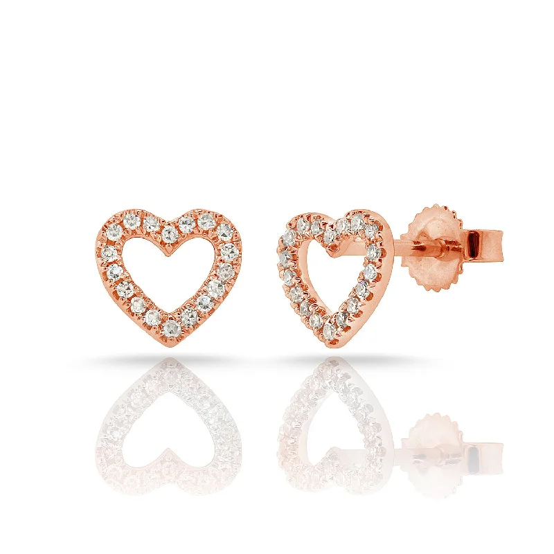 Sparkling Stud Earrings For Evening Glam-14K Rose Gold Diamond Open Heart Stud Earrings