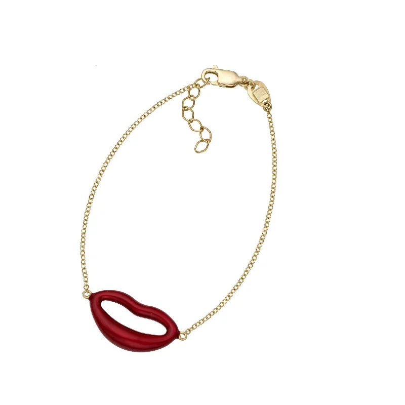 Bracelets With Leather Straps-14K Yellow Gold 7" Lipstick Red Enamel Italian Kiss Bracelet with Extender RC5584-07