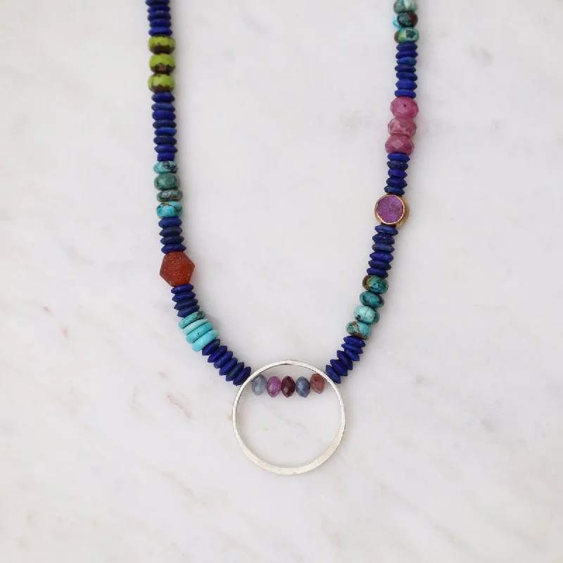 Layered Crystal Necklaces For Evening Glam-Lapis Fall is Coming Necklace with Silver Circle