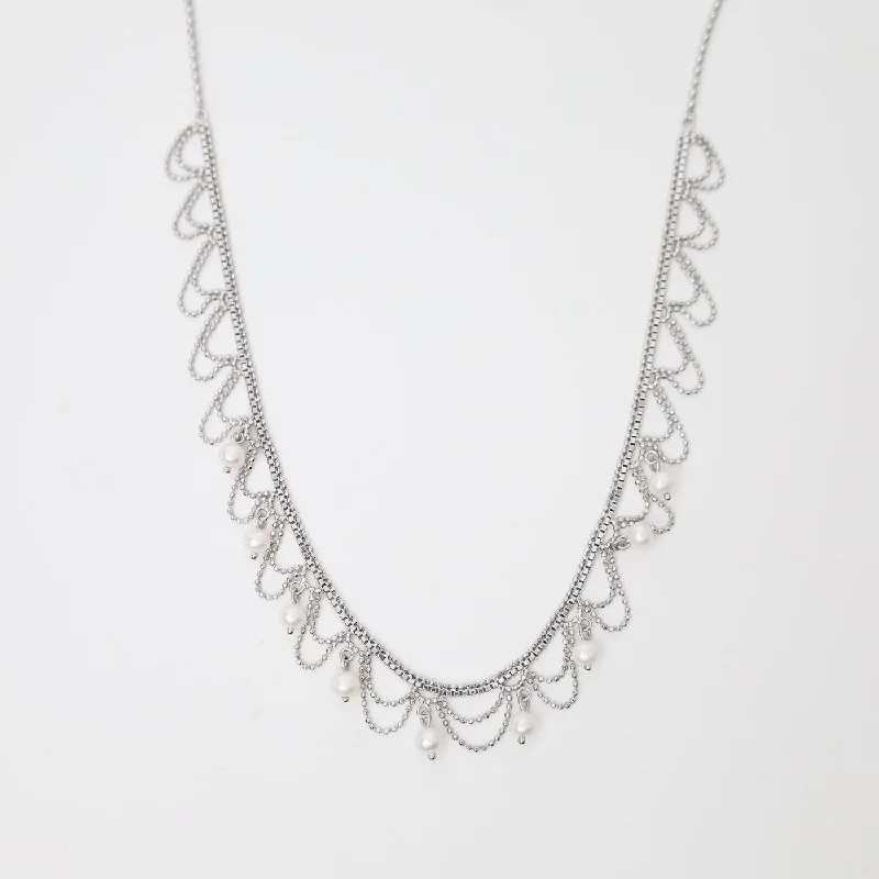 Elegant Chain Pendant Necklaces For Weddings-Delicate Draped Lace with Nine Dancing Pearls Necklace