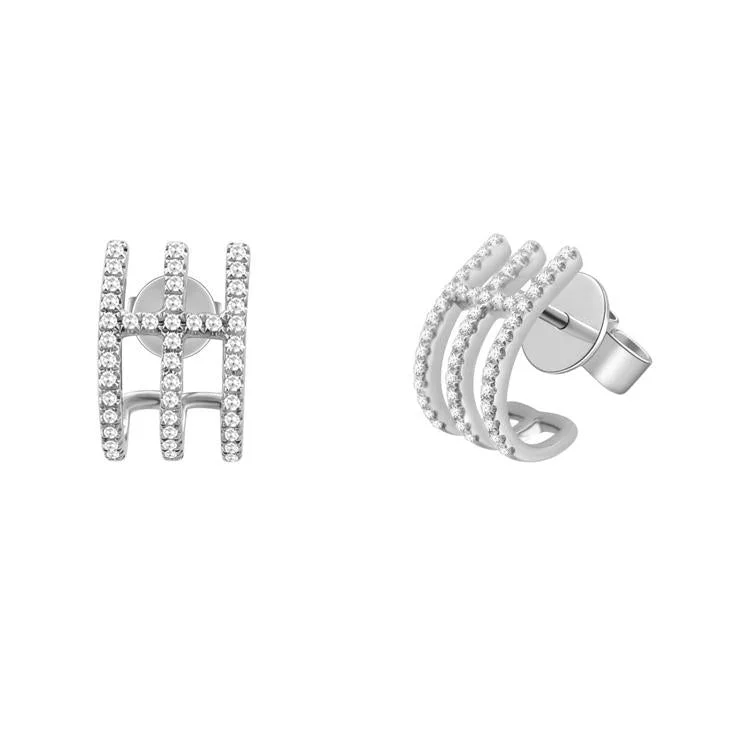 Artistic Handmade Earrings For Women-14K White Gold Diamond Triple Row Caged Huggie Earring