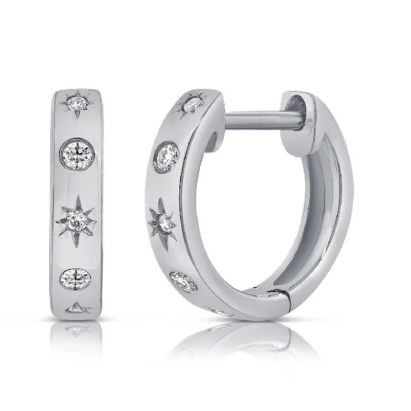 Dazzling Drop Earrings For Special Occasions-14K White Gold Diamond Star Huggie Earrings