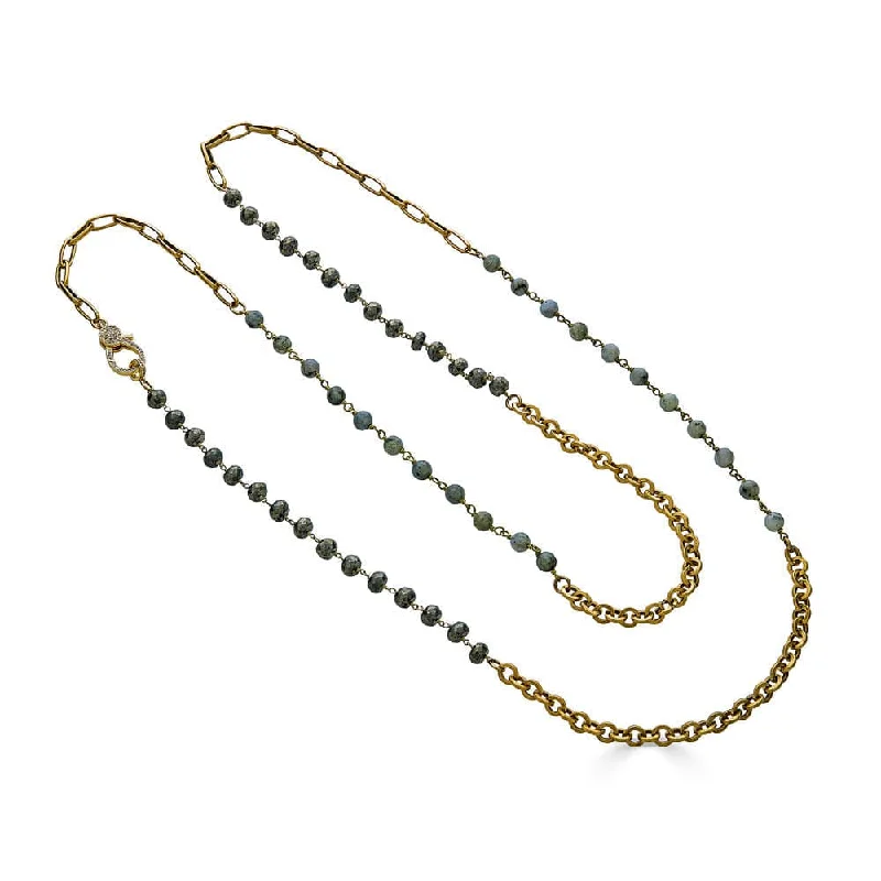 Elegant Gold Charm Necklaces For Bridesmaids-Long Pyrite and Labradorite Gold Necklace