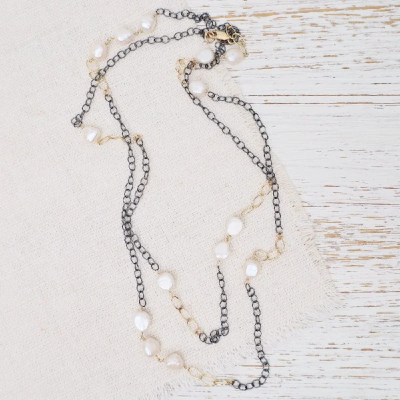 Gorgeous Crystal Chain Necklaces For Elegant Looks-Pearl Oxidized Sterling Silver Gold Fill Long Necklace