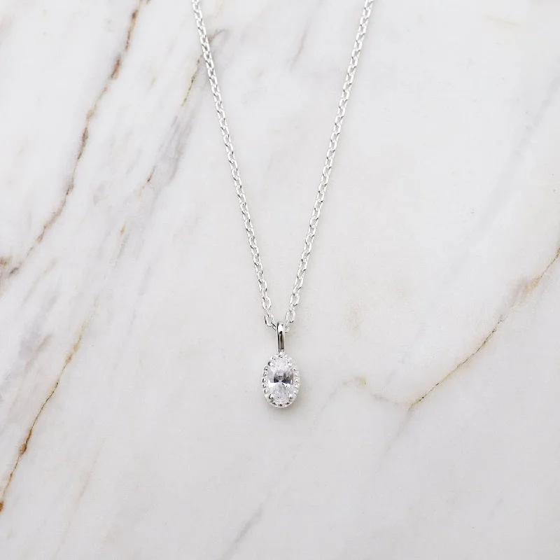 Simple Crystal Pendant Necklaces For Everyday Style-Oval CZ with Milgrain Edge Necklace - Sterling Silver