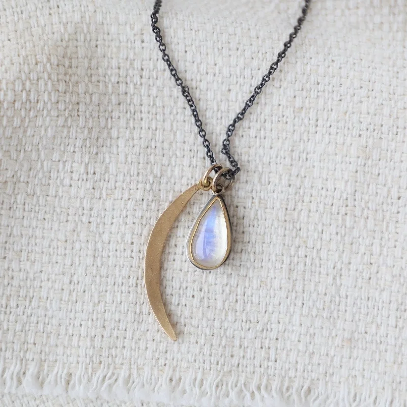 Statement Resin Necklaces For Bold Fashion-22k Bezel Set Moonstone & Crescent Moon Necklace