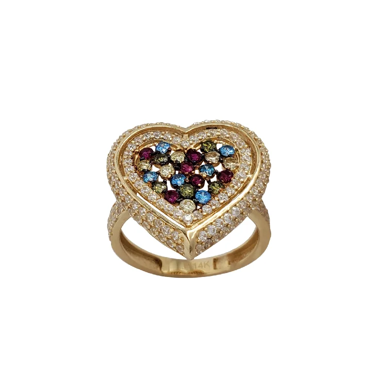 Designer Engagement Rings For Brides-Iced-Out Colorful Heart Ring (14K)