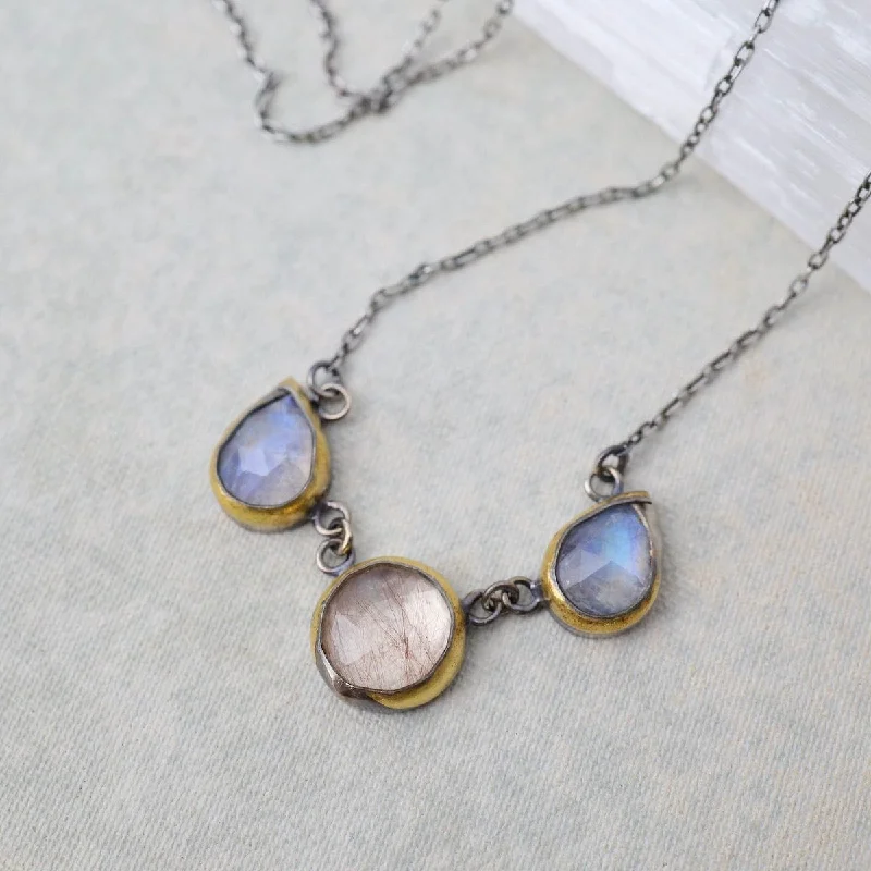 Silver Pendant Necklaces For Elegant Look-Rainbow Moonstone & Rutilated Quartz 3 Crescent Rim Necklace