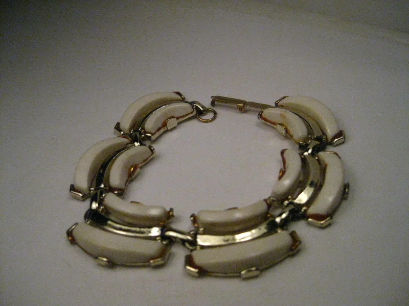 Bracelets For Casual Wear-Vintage Gold Tone White Thermoset/Plastic Bracelet, 7.5", Triple Row, 1950-1960's