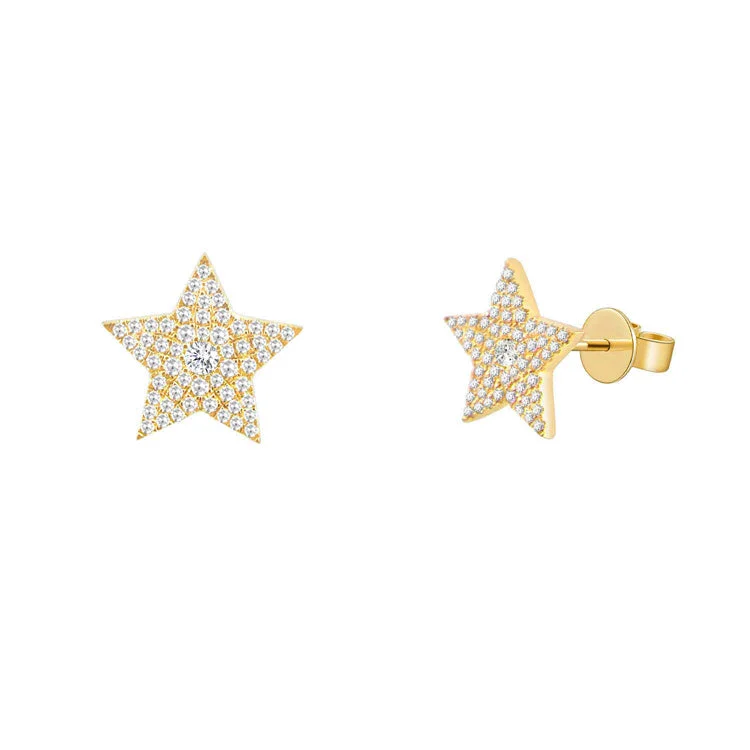 Fashion Hoop Earrings For Women-14K Yellow Gold Diamond Pave Star Stud Earring