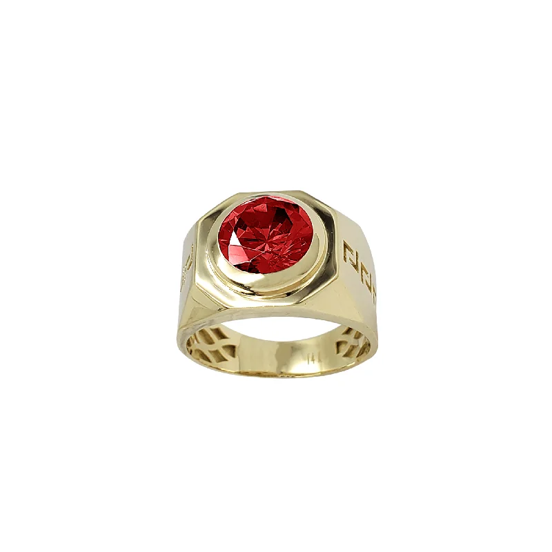 Vintage Style Rings For Retro Weddings-Red Zirconia Outlined Greek Key Men's Ring (14K)