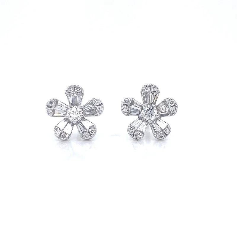 Long Tassel Earrings For Stylish Look-14K White Gold Diamond Flower Earrings (X-Small)