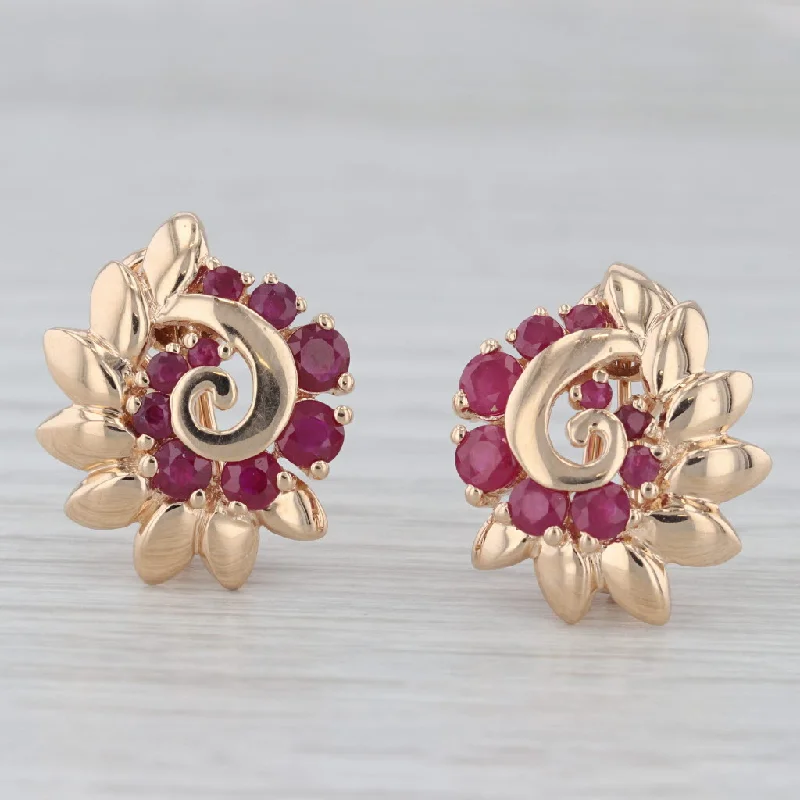 Simple Silver Earrings For All Day Wear-1.55ctw Ruby Flower Swirl Clip On Earrings 14k Yellow Gold Omega Backs