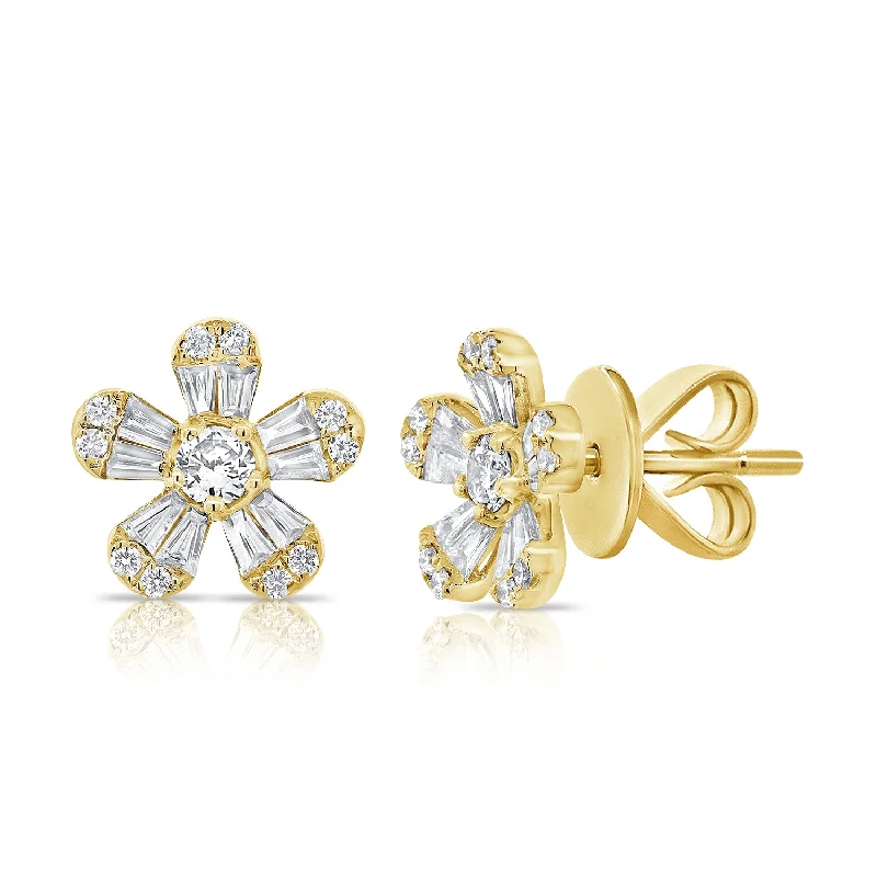 Trendy Chain Drop Earrings For Unique Style-14K Yellow Gold Diamond Flower Earrings