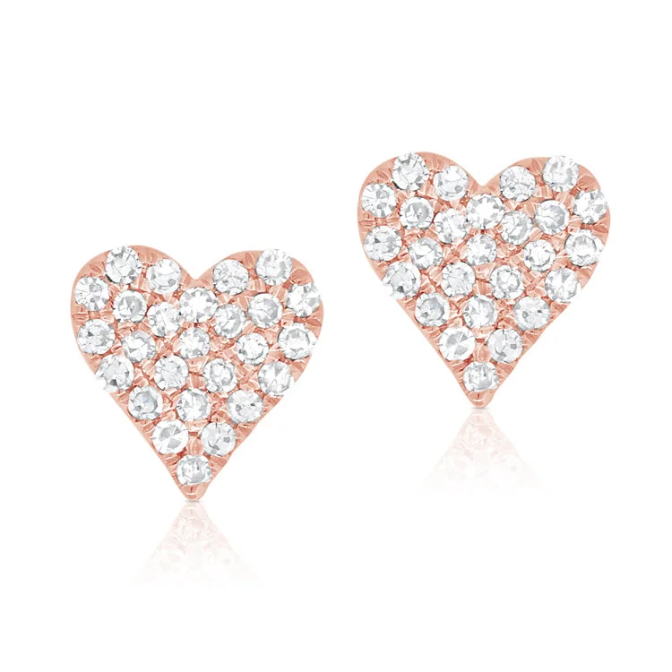 Simple Drop Earrings For Easy Wear-14K Rose Gold Diamond Small Heart Stud Earrings