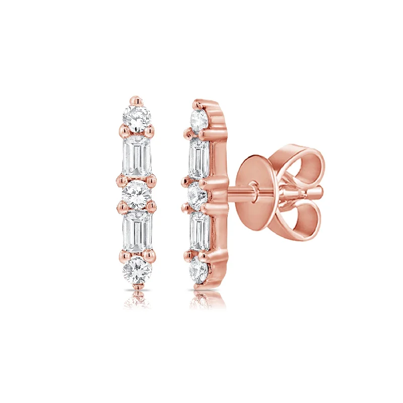 Sleek Gold Earrings For Classy Looks-14K Rose Gold Diamond Bar Earrings