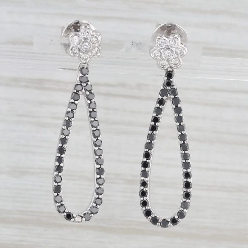 Luxury Gemstone Earrings For Special Occasions-1.20ctw Black White Diamond Flower Teardrop Dangle Earrings 18k White Gold