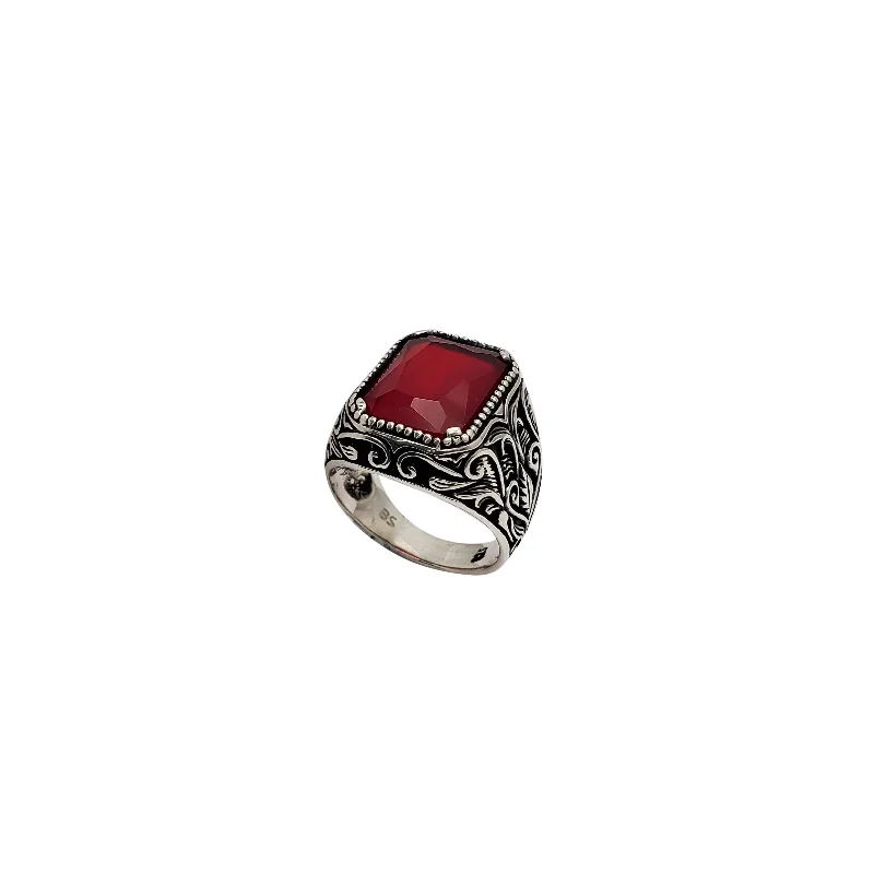 Beautiful Custom Rings For Engagement-Antique-Finish Red Stone Men Ring (Silver)