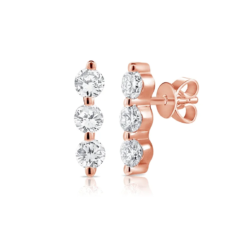 Geometric Drop Earrings For Modern Fashion-14K Rose Gold Triple Diamond Bar Earrings