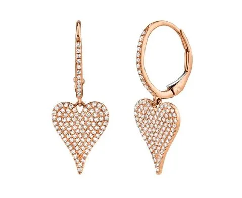 Minimalist Silver Earrings For Work Style-14K Rose Gold Diamond Pave Heart Dangle Earrings