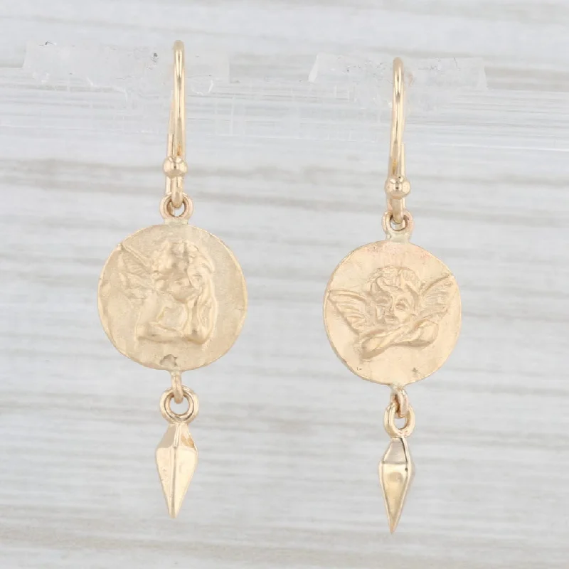 Classic Hoop Earrings For Timeless Look-Cherub Coin Dangle Earrings 14k Yellow Gold Hook Posts