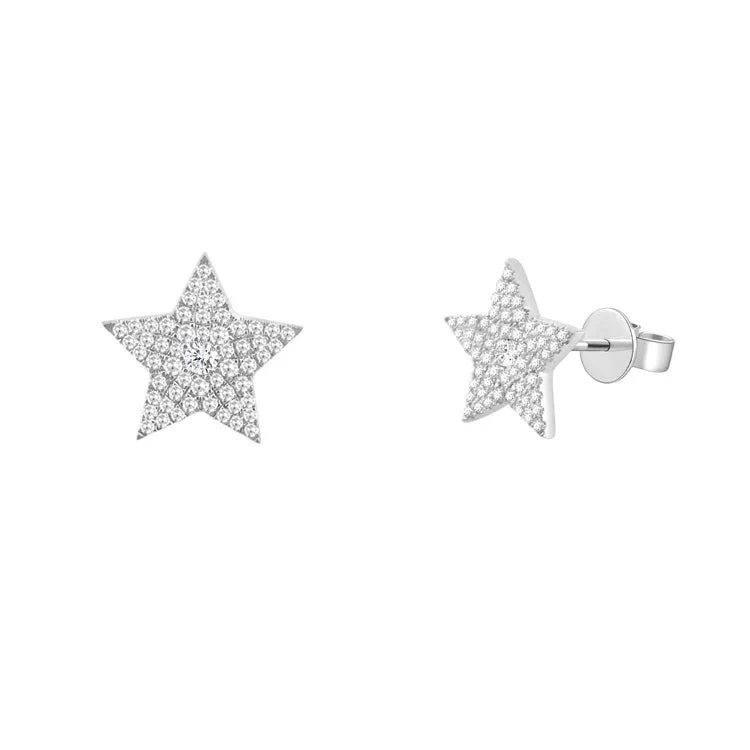 Hoop Earrings For Fashion Enthusiasts-14K White Gold Diamond Pave Star Stud Earring