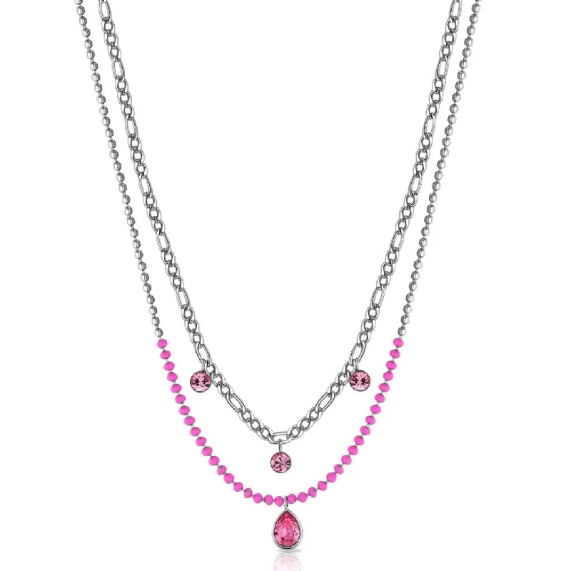 Stunning Gold Pendant Necklaces For Glamour-Stainless Steel Double Necklace with Fuchsia Enamel & Light Rose Crystals