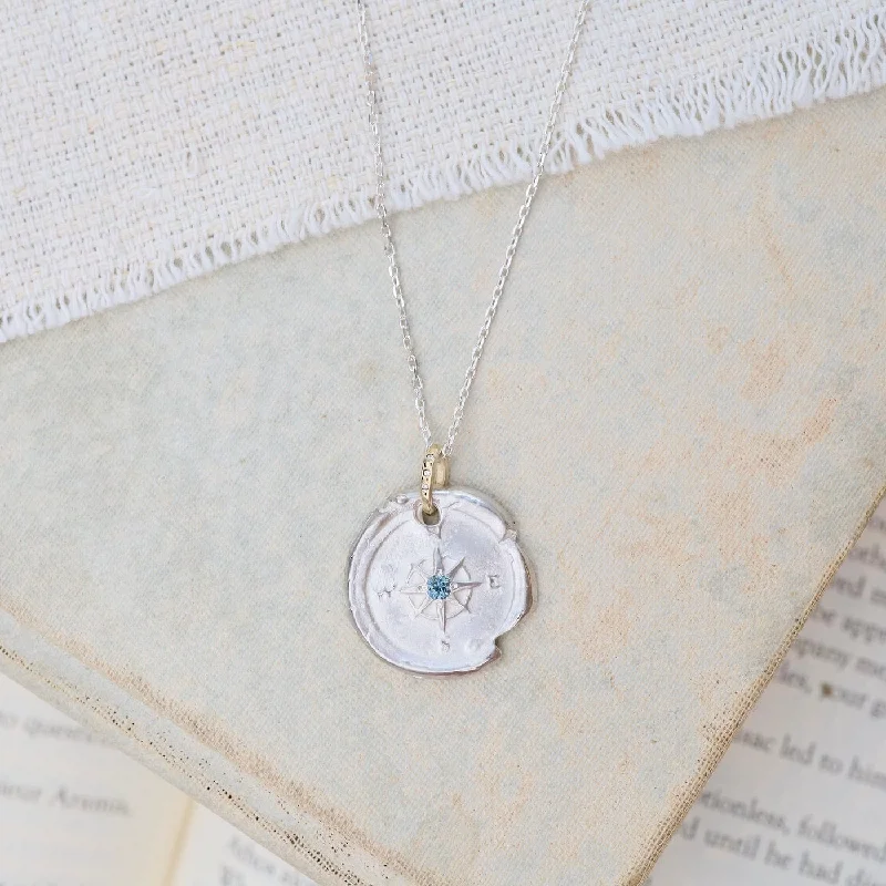 Long Necklaces For Evening Wear-Sterling Silver & 14k Gold Compass Necklace with Montana Sapphire