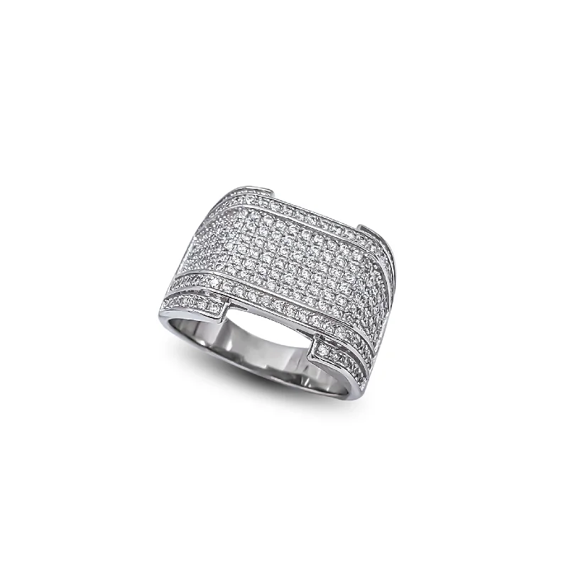 Unique Silver Rings For Special Events-Iced-Out Men's Bridge Ring (Silver)