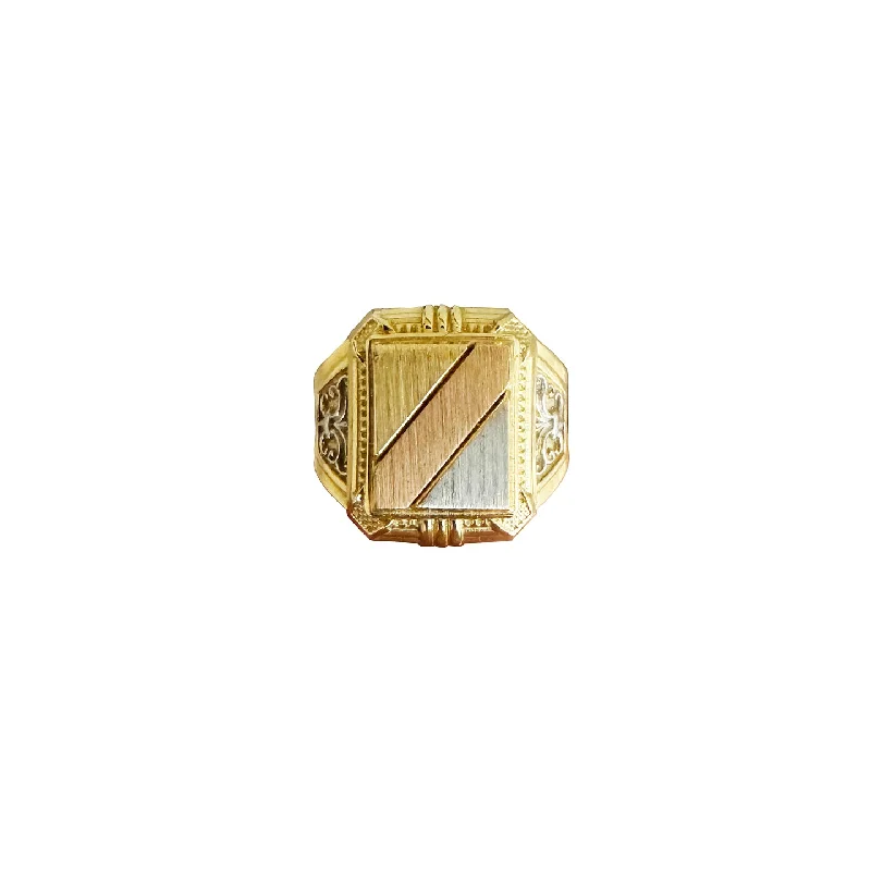 Simple Wedding Rings For Timeless Style-Tricolor Brush-Finish Rectangular Signet Ring (14K)