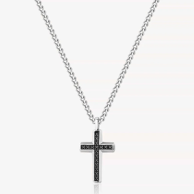 Beautiful Multi-Layered Necklaces For Trendy Wear-Stainless Steel Long Cross Necklace with Black Enamel & Zircon