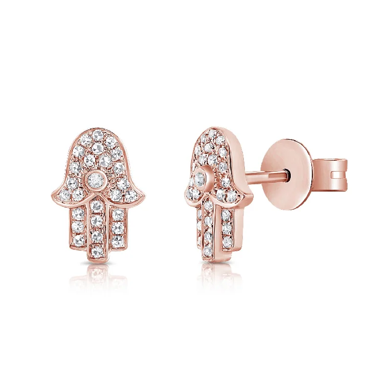 Stylish Chain Earrings For Casual Wear-14K Rose Gold Diamond Hand of God Stud Earrings