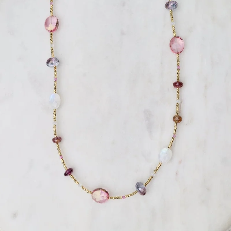 Elegant Crystal Necklaces For Weddings-Moonstone & Pink Sapphires Gold Glass Magnetic Clasp Necklace