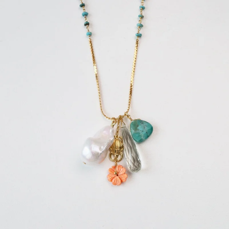 Gold Plated Necklaces With Diamonds-Turquoise Mix Long Charm Necklace