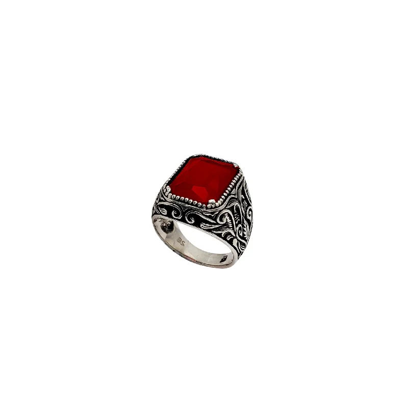 Elegant Gold Wedding Rings For Brides-Antique-Finish Red Stone Men Ring (Silver)