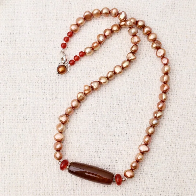 Beautiful Personalized Bar Necklaces For Gifts-Copper Pearl with Carnelian Necklace