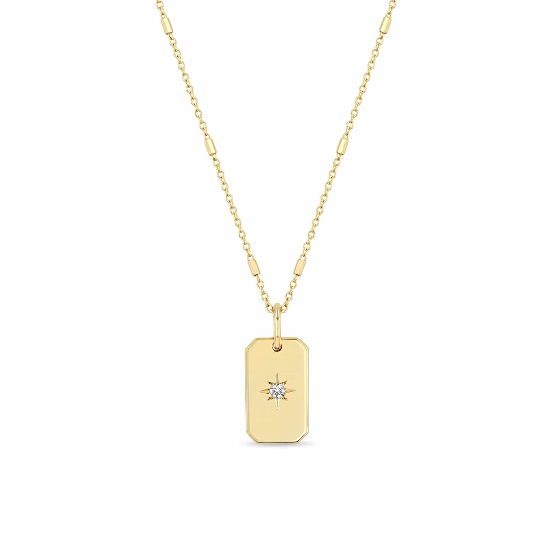 Vintage Charm Necklaces For Retro Style-14k Star Set Diamond Small Square Edge Dog Tag Necklace