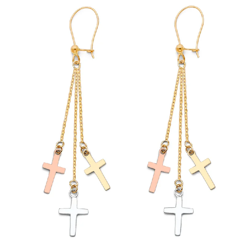 Classic Gold Earrings For Everyday Wear-14K 3C 3 Cross Hanging Earrings