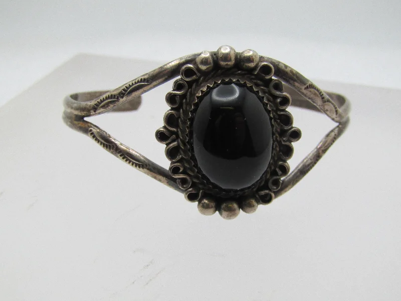 Bracelets With Sparkling Details-Vintage Sterling Onyx Southwestern Cuff Bracelet, 6"