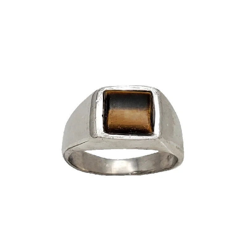 Customizable Birthstone Rings For Gifts-Square Signet Tiger-Eye Ring (Silver)