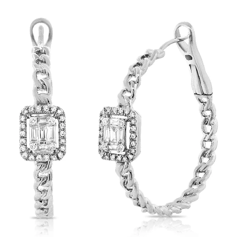 Custom Pearl Earrings For Wedding Gifts-14K White Gold Baguette Diamond Curb Link Hoop Earrings