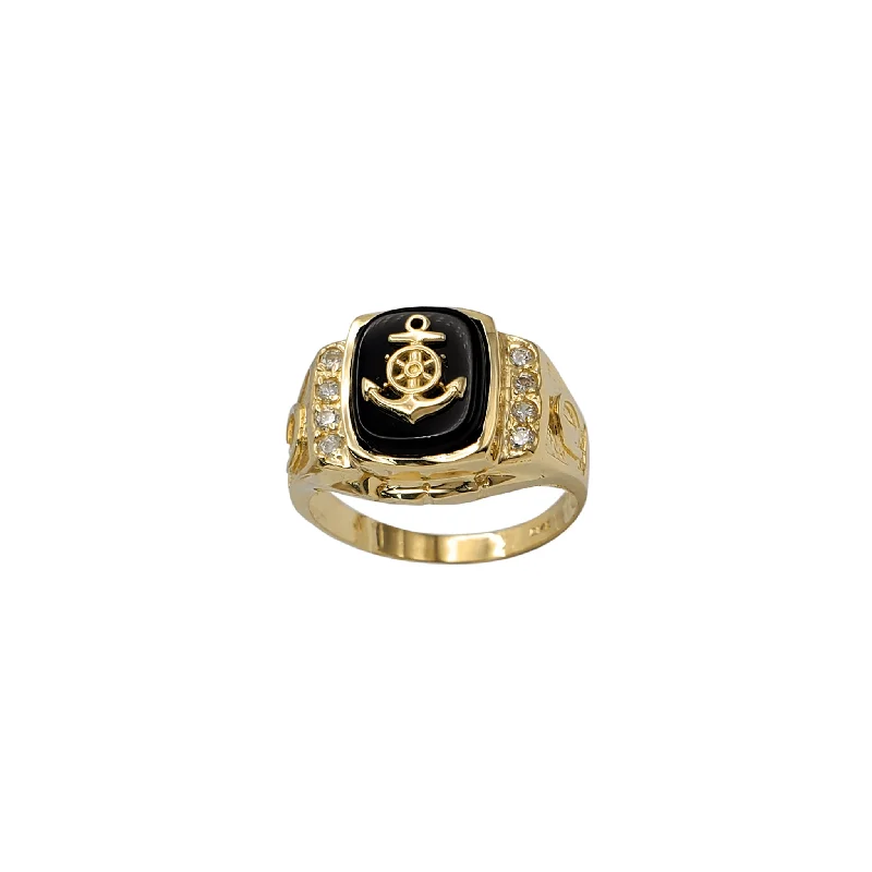 Vintage Cocktail Rings For Statement Fashion-Black Onyx Nautical Anchor & Horseshoe Men's Ring (14K)