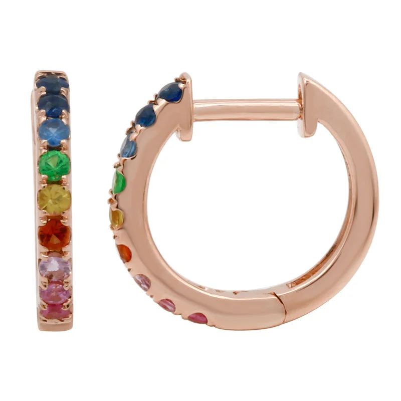 Trendy Dangle Earrings For Casual Look-14K Rose Gold Multi-Sapphire Rainbow Mini Hoop Earrings