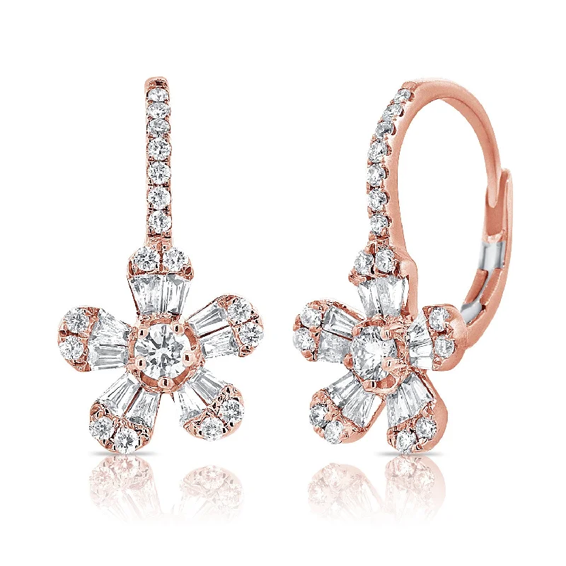 Opal Earrings For Mystical Looks-14K Rose Gold Diamond Baguette Drop Flower Earrings