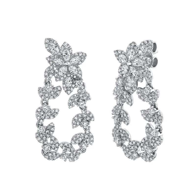 Beautiful Gemstone Earrings For Weddings-14k White Diamond Marquise Flower & Leaf Drop Earrings