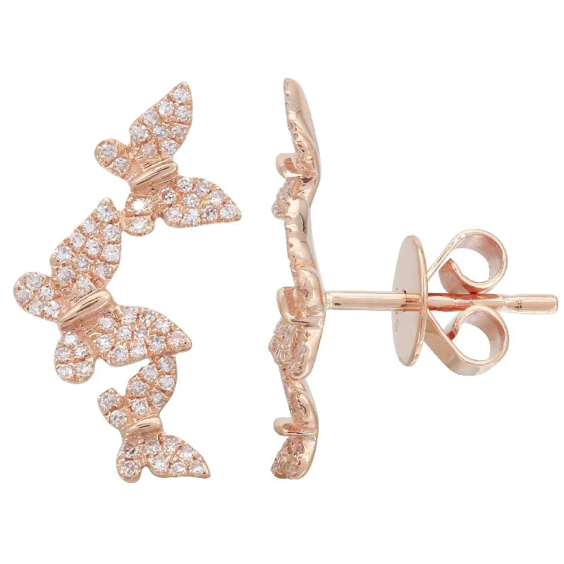 Classic Hoop Earrings For Timeless Look-14K Rose Gold Diamond Triple Butterfly Earrings