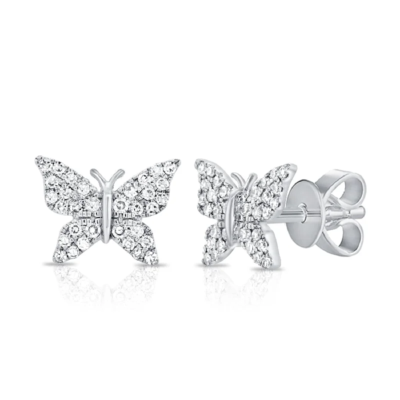 Silver Stud Earrings For Elegant Looks-14K White Gold Diamond Pave Butterfly Stud Earrings