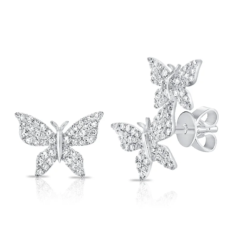 Cute Heart Earrings For Girlfriend Gifts-14K White Gold Diamond Butterfly Stud Earrings